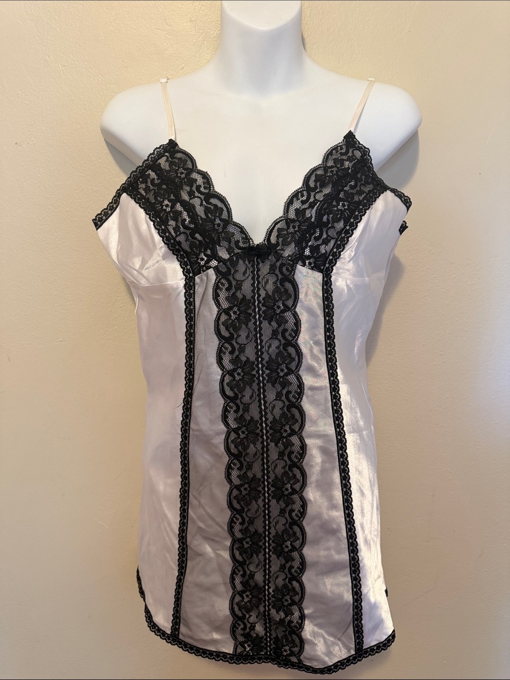 Frederick's of Hollywood White Satin Slip with Black Lace Trim